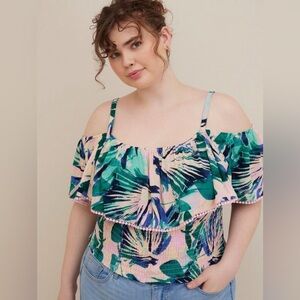 NWT Torrid Crinkle Gauze Cold Shoulder Ruffle Top in Floral Taupe Size 1 1X